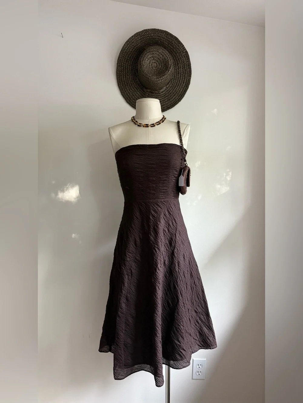J. Crew Strapless Textured Brown A-Line Midi Dress